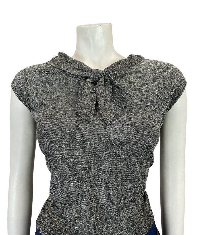VTG 60S MOD DISCO STUDIO 54 SPARKLY SILVER LUREX SAILOR TIE PARTY TANK TOP 14 16