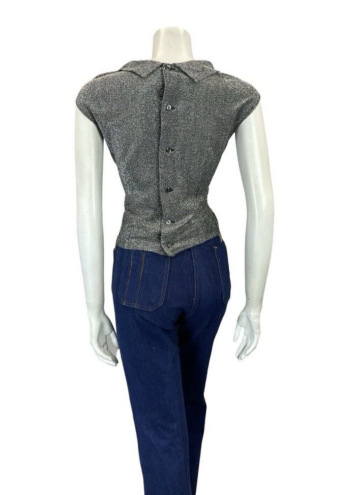VTG 60S MOD DISCO STUDIO 54 SPARKLY SILVER LUREX SAILOR TIE PARTY TANK TOP 14 16