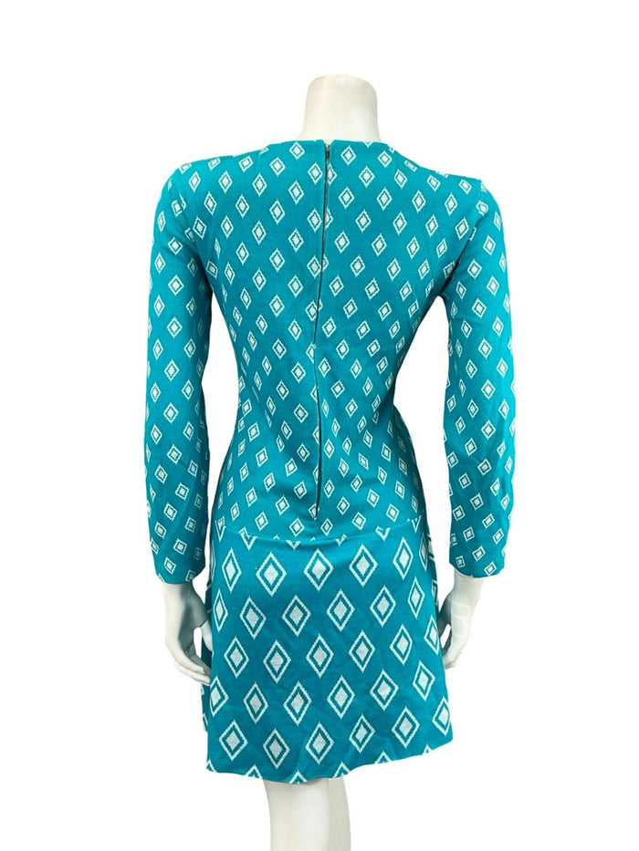 VTG 60S MOD GEOMETRIC BLUE WHITE DIAMOND DROPPED WAIST MINI DRESS 8 10 S