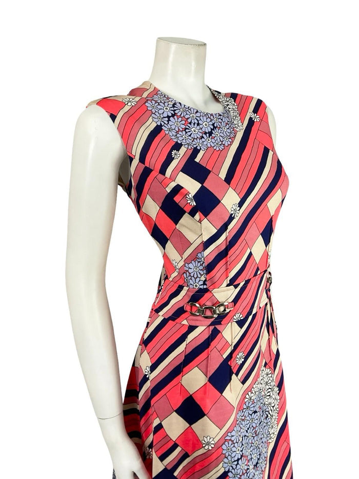 VTG 60S MOD GEOMETRIC PINK WHITE NAVY BLUE STRIPE FLORAL MIDI DRESS 12