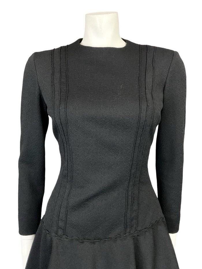 VTG 60S MOD GOGO BLACK EVENING LONG SLEEVE DROP WAIST LITTLE BLACK DRESS S 8 10