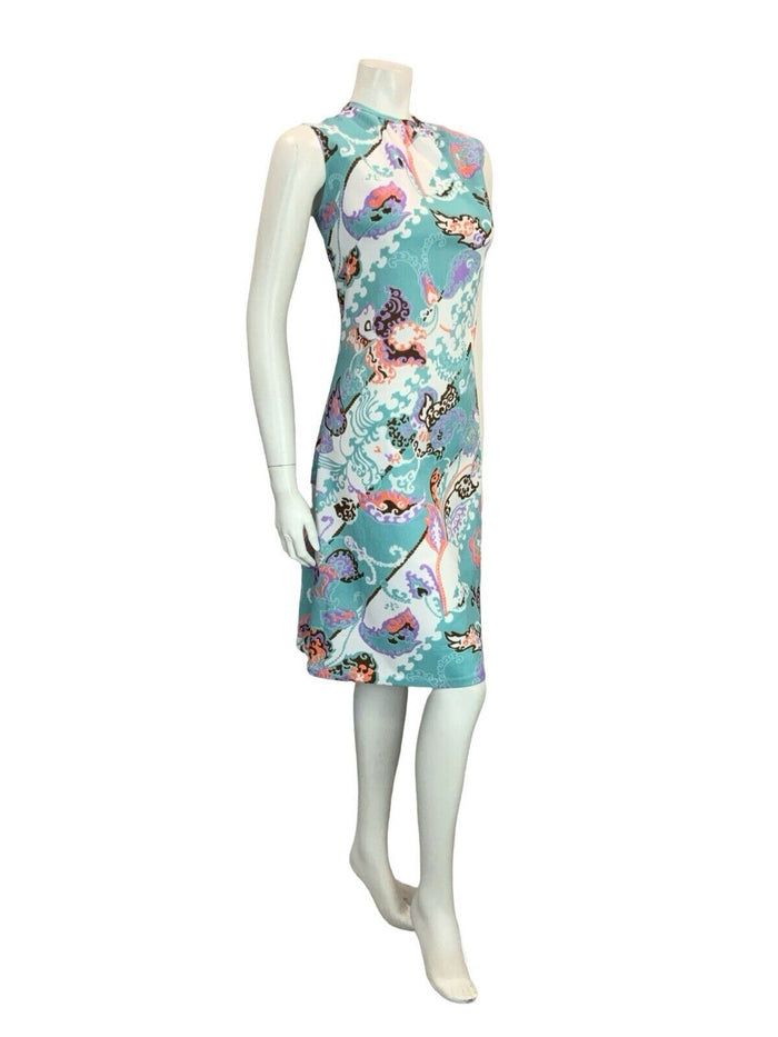 VTG 60S MOD GOGO BLUE WHITE PINK BROWN PSYCHEDELIC LEAFY FLORAL SHIFT DRESS 12