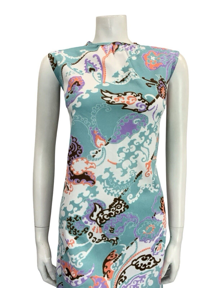 VTG 60S MOD GOGO BLUE WHITE PINK BROWN PSYCHEDELIC LEAFY FLORAL SHIFT DRESS 12