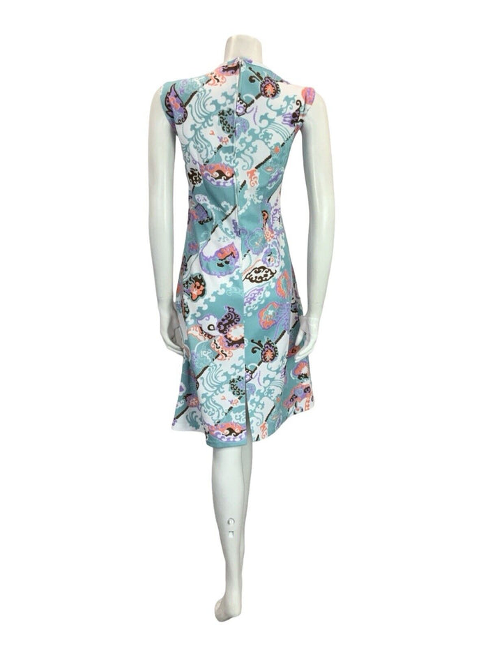 VTG 60S MOD GOGO BLUE WHITE PINK BROWN PSYCHEDELIC LEAFY FLORAL SHIFT DRESS 12