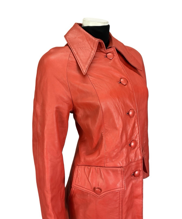 VTG 60S MOD GOGO BRIGHT RED LEATHER DAGGER COLLAR SHIFT JACKET 12