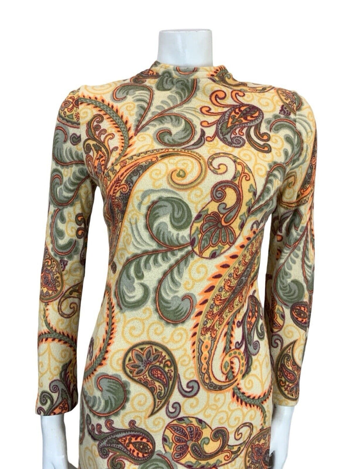 VTG 60S MOD GOGO CREAM RED ORANGE GREY PAISLEY PSYCHEDELIC SHIFT MINI DRESS 4 6