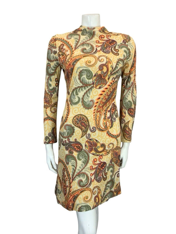 VTG 60S MOD GOGO CREAM RED ORANGE GREY PAISLEY PSYCHEDELIC SHIFT MINI DRESS 4 6