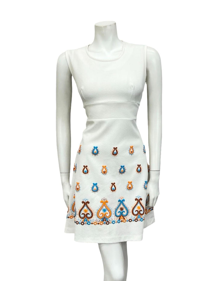 VTG 60S MOD GOGO FOLK WHITE ORANGE BROWN BLUE EMBROIDERED MINI DRESS 10