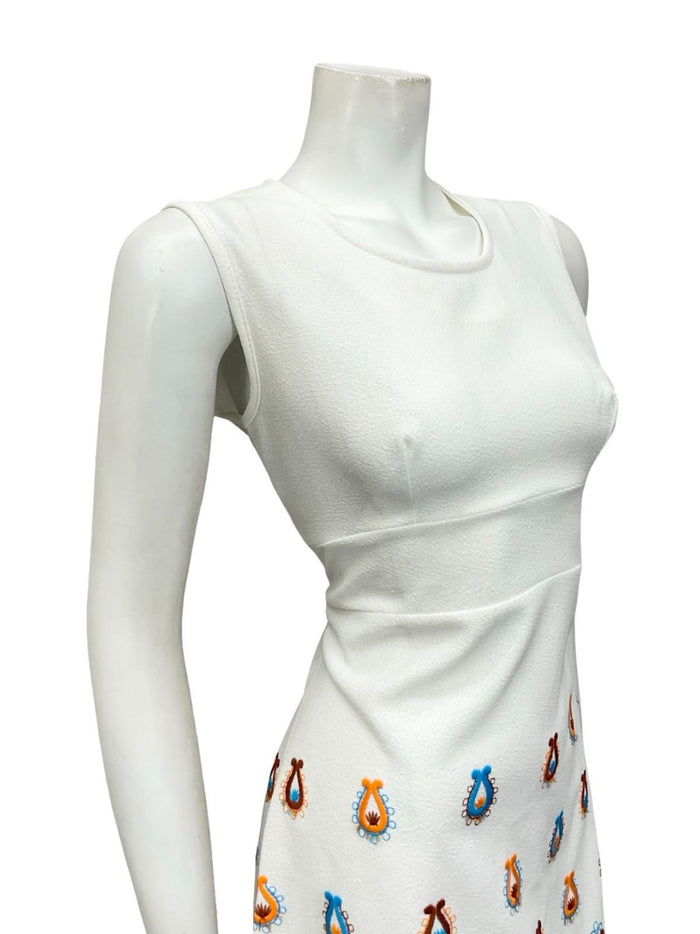 VTG 60S MOD GOGO FOLK WHITE ORANGE BROWN BLUE EMBROIDERED MINI DRESS 10