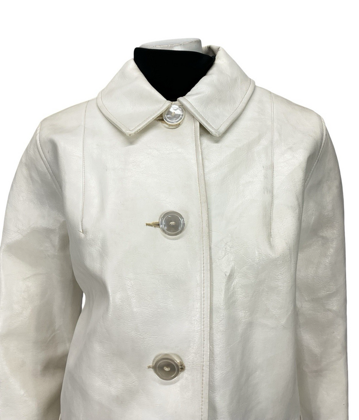 VTG 60S MOD GOGO GEOMETRIC WHITE LEATHER SHIFT COAT ZIP FAUX FUR GILET 16 18 L