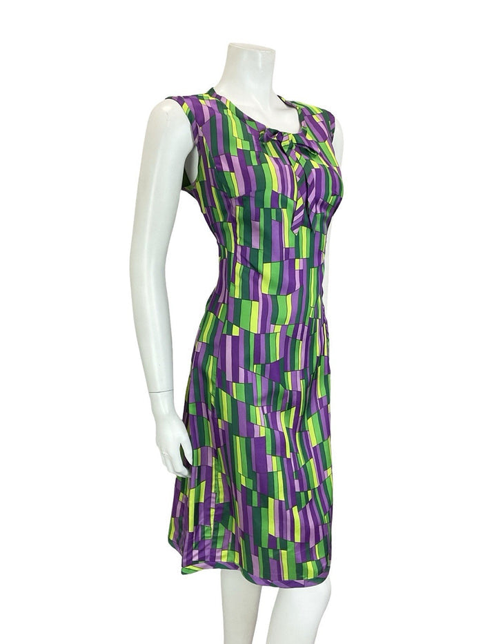 VTG 60S MOD GOGO GREEN PURPLE GEOMETRIC TILED BOW MIDI SHIFT DRESS 12