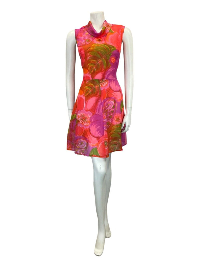 VTG 60S MOD GOGO PINK RED PURPLE GREEN FLORAL MESH CIRCLE MIDI DRESS 12 14 M