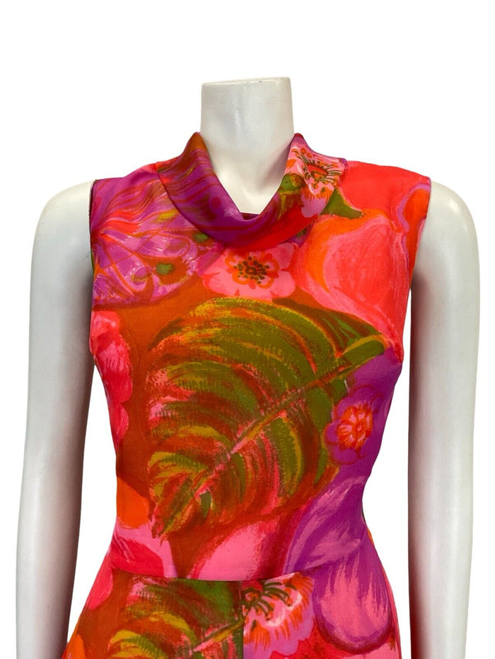 VTG 60S MOD GOGO PINK RED PURPLE GREEN FLORAL MESH CIRCLE MIDI DRESS 12 14 M