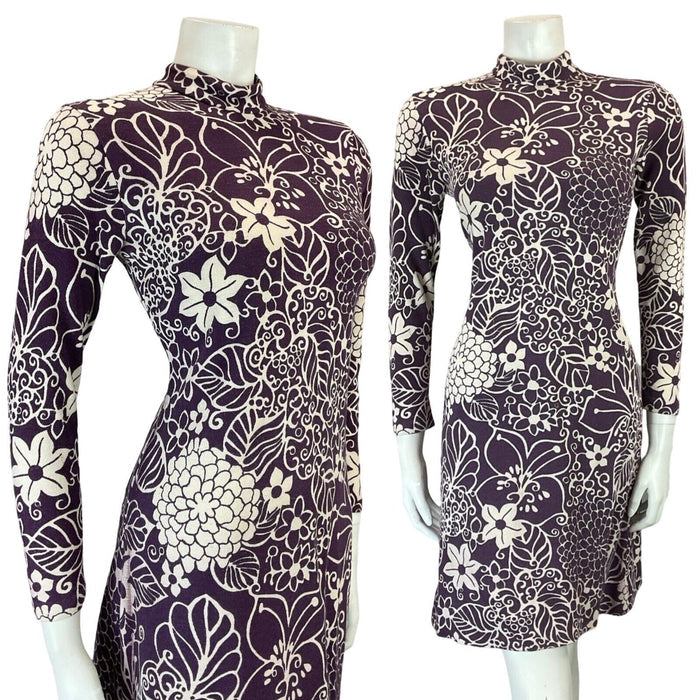 VTG 60S MOD GOGO VIOLET WHITE PSYCHEDELIC FLORAL FUNNEL NECK SHEATH SHIFT DRESS