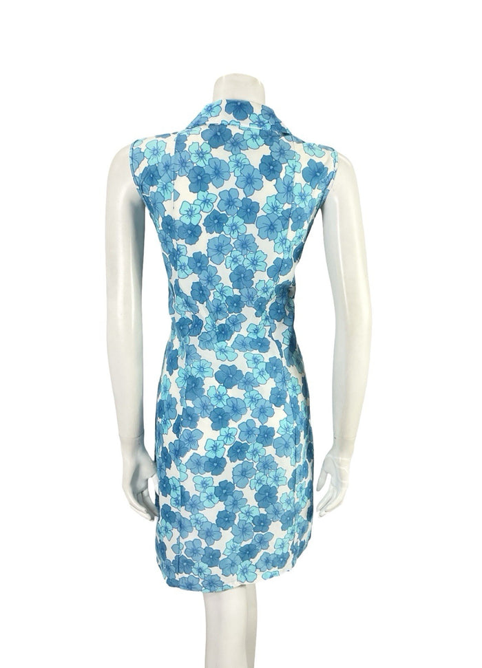 VTG 60S MOD GOGO WHITE BLUE FLORAL SHIFT SHIRT MINI DRESS 12