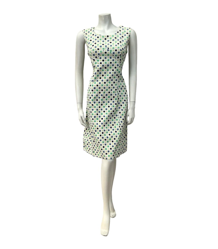 VTG 60S MOD GOGO WHITE BLUE GREEN POLKA DOT SCOOP NECK WIGGLE DRESS 12