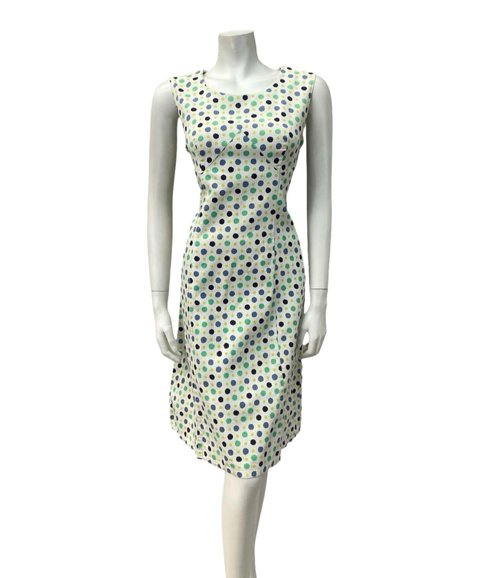 VTG 60S MOD GOGO WHITE BLUE GREEN POLKA DOT SCOOP NECK WIGGLE DRESS 12