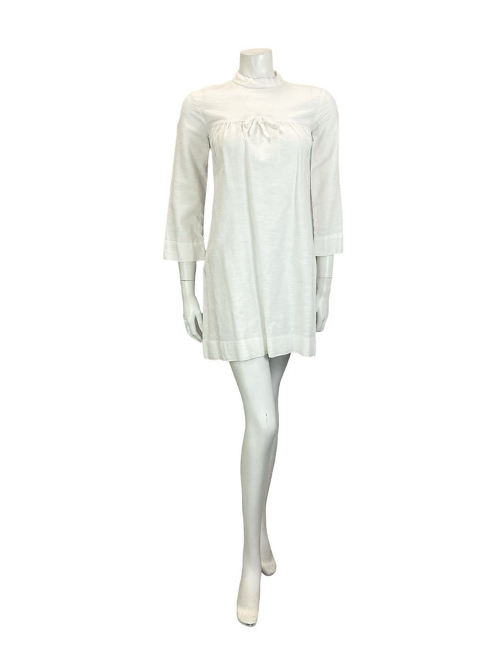 VTG 60S MOD GOGO WHITE BRIDAL COTTON 3/4 SLEEVE BOW SMOCK TENT DRESS 8