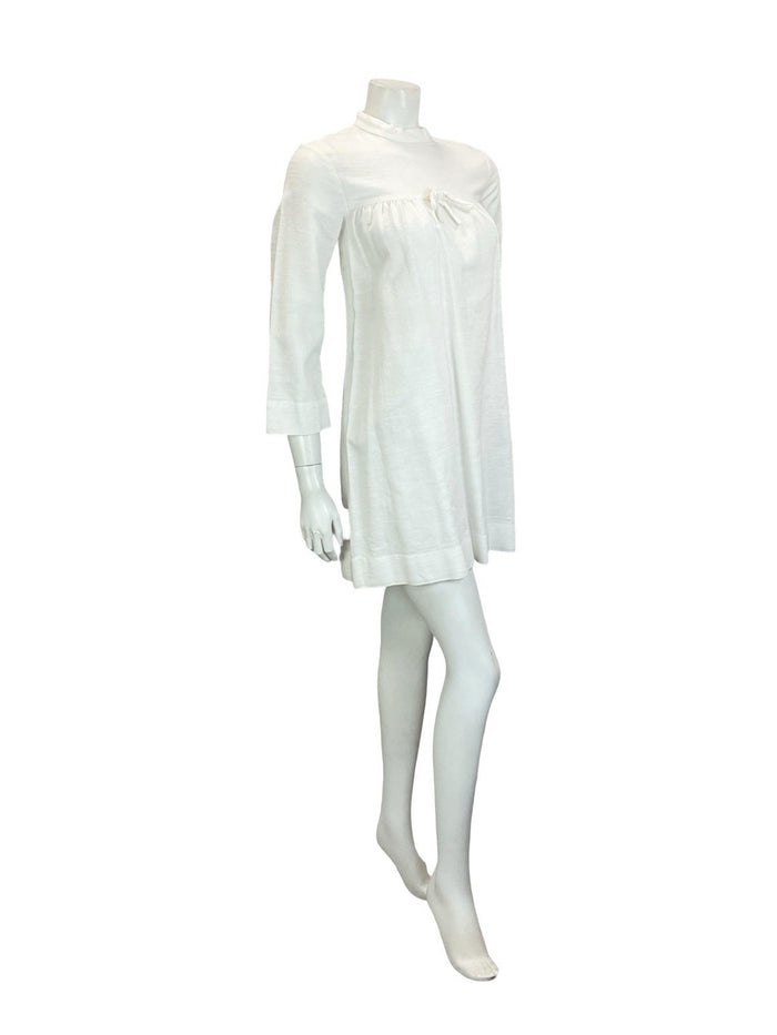 VTG 60S MOD GOGO WHITE BRIDAL COTTON 3/4 SLEEVE BOW SMOCK TENT DRESS 8