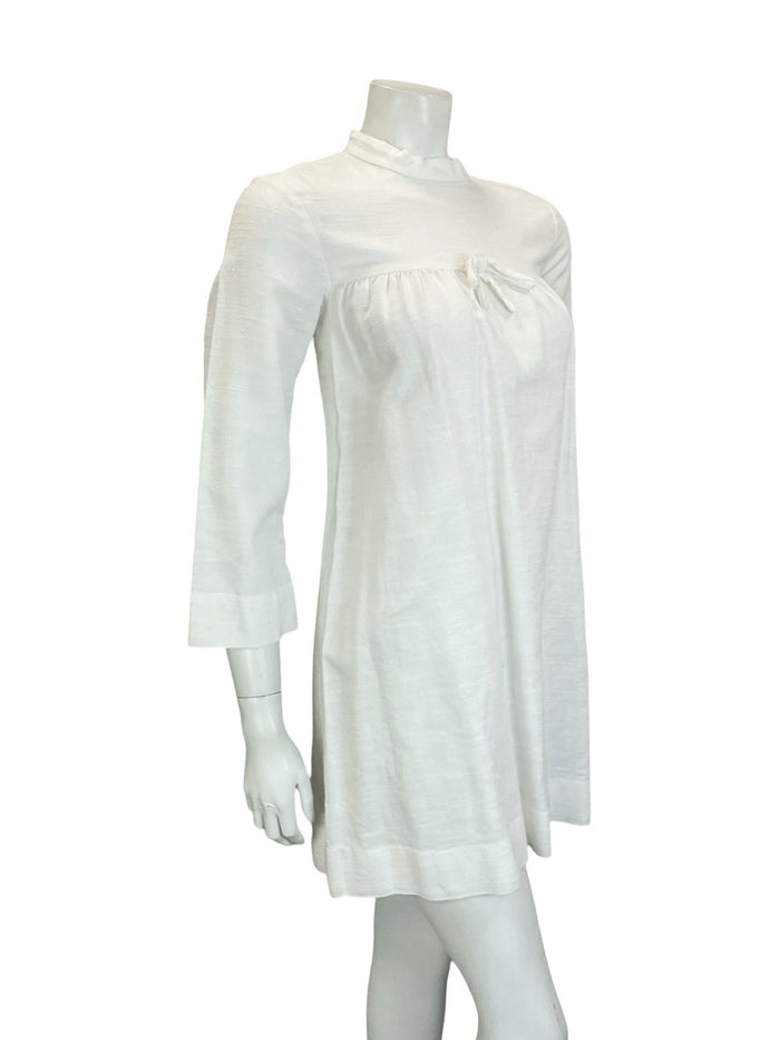 VTG 60S MOD GOGO WHITE BRIDAL COTTON 3/4 SLEEVE BOW SMOCK TENT DRESS 8