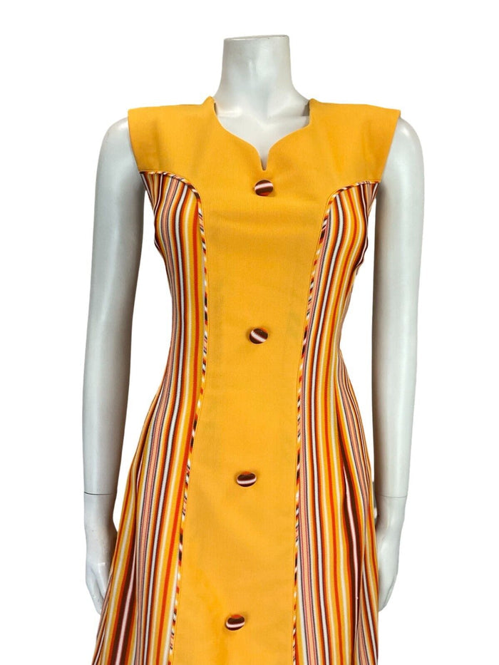 VTG 60S MOD GOGO YELLOW ORANGE BROWN WHITE SWEETHEART STRIPED SHIFT DRESS 14 16