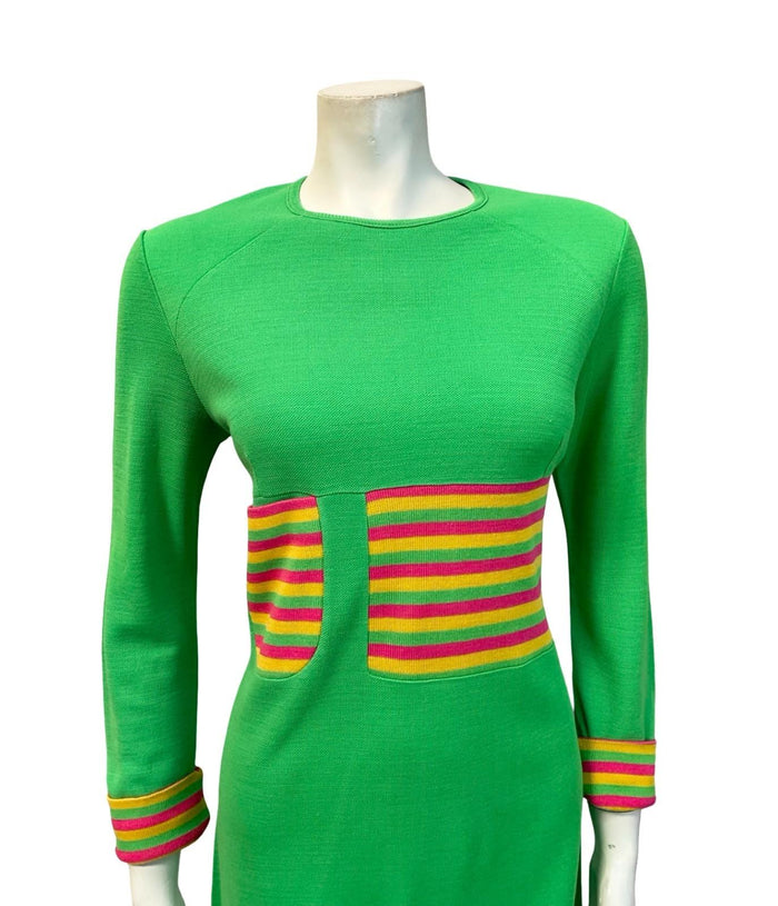 VTG 60S MOD GREEN PINK YELLOW STRIPED COLOUR BLOCK SHIFT KNIT DRESS 12 10