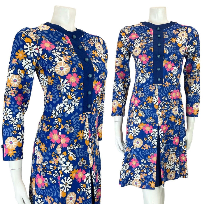 VTG 60S MOD PSYCHEDELIC FLORAL BLUE PINK WHITE ORANGE PLEATED MIDI DRESS 4