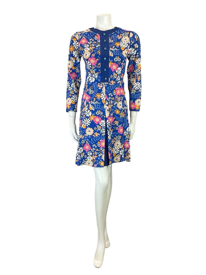 VTG 60S MOD PSYCHEDELIC FLORAL BLUE PINK WHITE ORANGE PLEATED MIDI DRESS 4