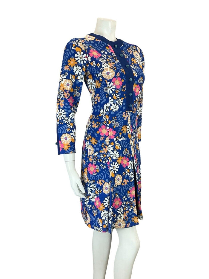 VTG 60S MOD PSYCHEDELIC FLORAL BLUE PINK WHITE ORANGE PLEATED MIDI DRESS 4