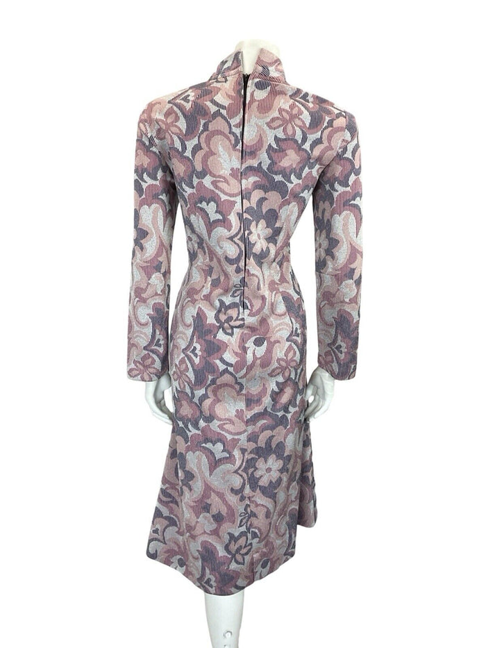 VTG 60S MOD PSYCHEDELIC SILVER PURPLE PINK SPARKLING FUNNEL NECK PARTY DRESS 16
