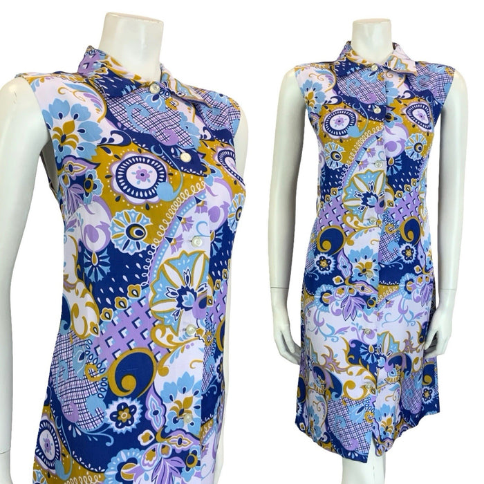 VTG 60S  MOD PURPLE BROWN BLUE PSYCEDELIC GEOMETRIC SLEEVELESS SHIFT DRESS 14