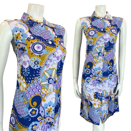 VTG 60S  MOD PURPLE BROWN BLUE PSYCEDELIC GEOMETRIC SLEEVELESS SHIFT DRESS 14