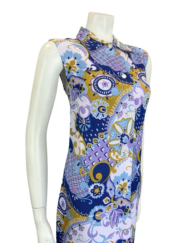 VTG 60S  MOD PURPLE BROWN BLUE PSYCEDELIC GEOMETRIC SLEEVELESS SHIFT DRESS 14