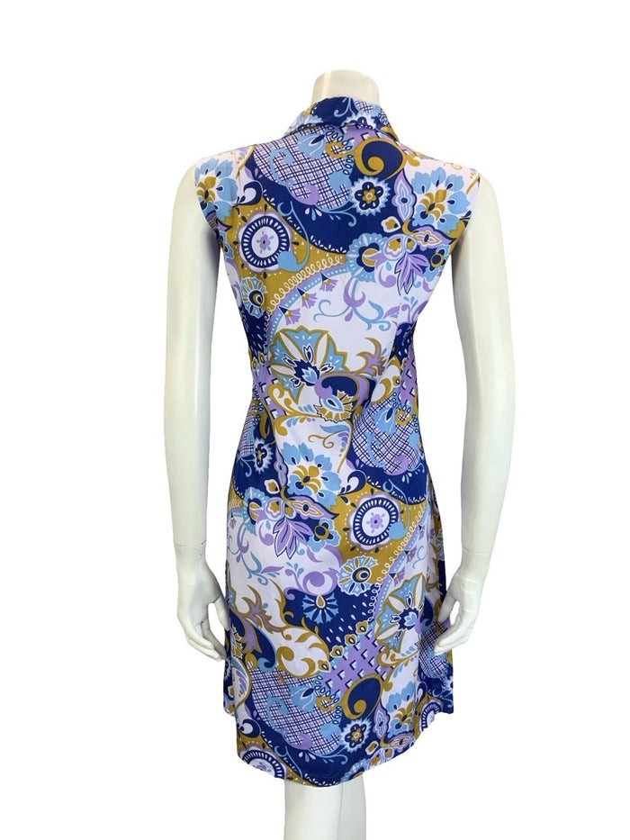 VTG 60S  MOD PURPLE BROWN BLUE PSYCEDELIC GEOMETRIC SLEEVELESS SHIFT DRESS 14