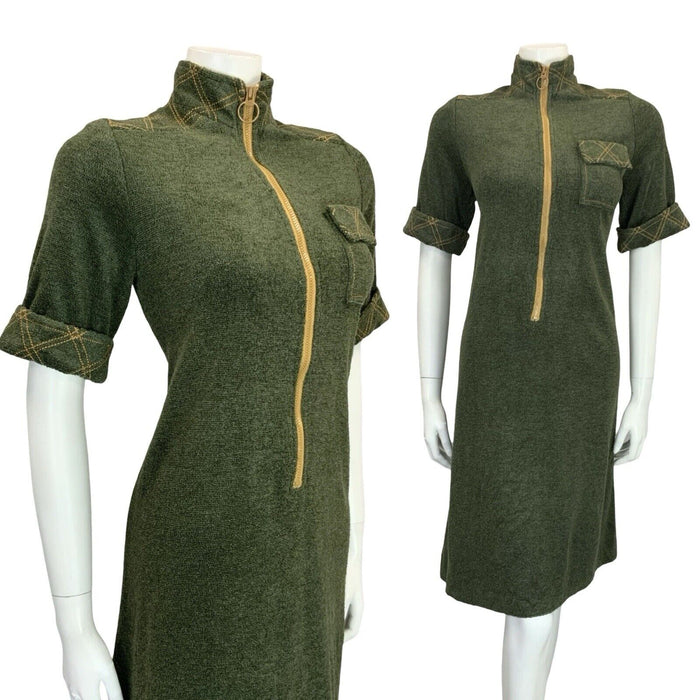 VTG 60S MOD SCOOTER GREEN MUSTARD YELLOW CONTRAST STITCH TOWEL SHIFT DRESS 10