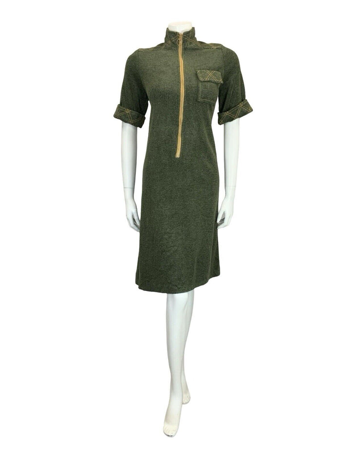 VTG 60S MOD SCOOTER GREEN MUSTARD YELLOW CONTRAST STITCH TOWEL SHIFT DRESS 10