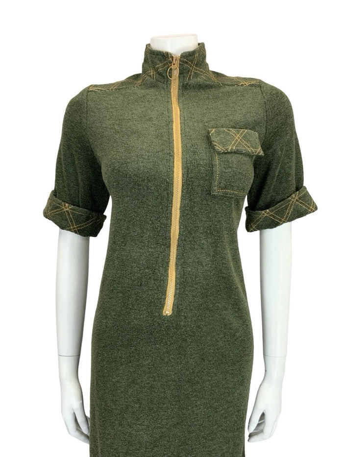 VTG 60S MOD SCOOTER GREEN MUSTARD YELLOW CONTRAST STITCH TOWEL SHIFT DRESS 10