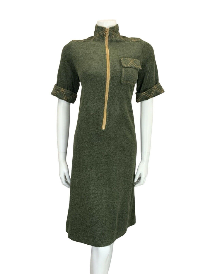 VTG 60S MOD SCOOTER GREEN MUSTARD YELLOW CONTRAST STITCH TOWEL SHIFT DRESS 10
