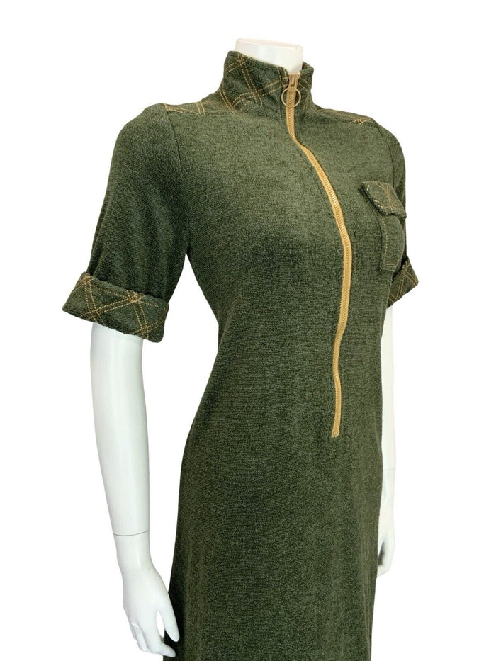 VTG 60S MOD SCOOTER GREEN MUSTARD YELLOW CONTRAST STITCH TOWEL SHIFT DRESS 10