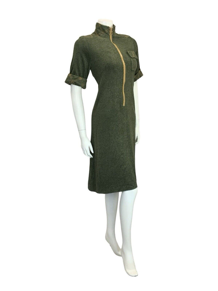 VTG 60S MOD SCOOTER GREEN MUSTARD YELLOW CONTRAST STITCH TOWEL SHIFT DRESS 10