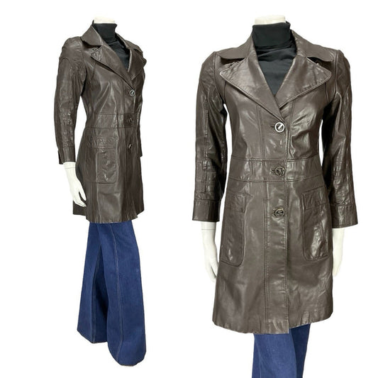 VTG 60S MOD SPACE AGE NOTCH LAPEL GEOMETRIC BROWN LEATHER TRENCH MAC JACKET 10
