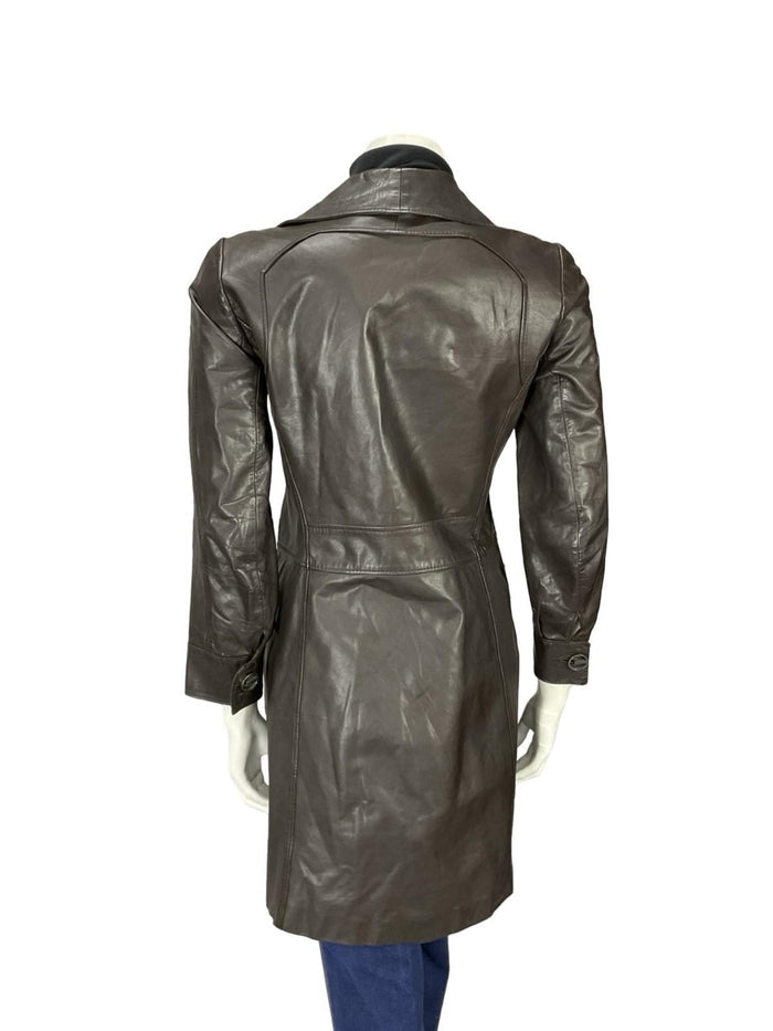 VTG 60S MOD SPACE AGE NOTCH LAPEL GEOMETRIC BROWN LEATHER TRENCH MAC JACKET 10