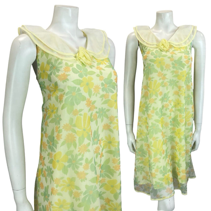 VTG 60S MOD YELLOW GREEN PETER PAN COLLAR ROSE FLORAL TENT NIGHT DRESS 12 14 M