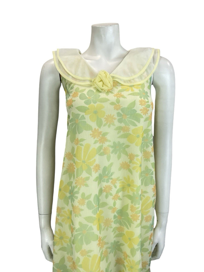VTG 60S MOD YELLOW GREEN PETER PAN COLLAR ROSE FLORAL TENT NIGHT DRESS 12 14 M