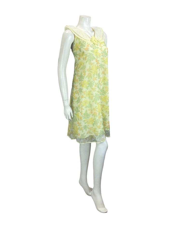 VTG 60S MOD YELLOW GREEN PETER PAN COLLAR ROSE FLORAL TENT NIGHT DRESS 12 14 M