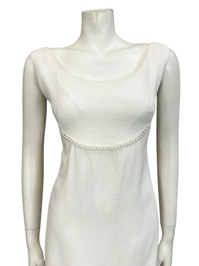 VTG 60S OFF WHITE PEARL BRIDAL SHIMMERY EMPIRE MOD GOGO PARTY MINI DRESS 12