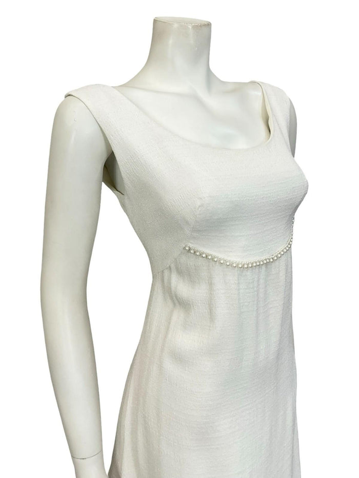 VTG 60S OFF WHITE PEARL BRIDAL SHIMMERY EMPIRE MOD GOGO PARTY MINI DRESS 12