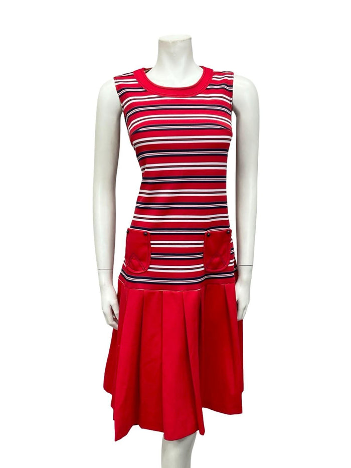 VTG 60S PENNY LANE RED WHITE NAVY BLUE MOD DROPPED WAIST PLEATED SHIFT DRESS 12