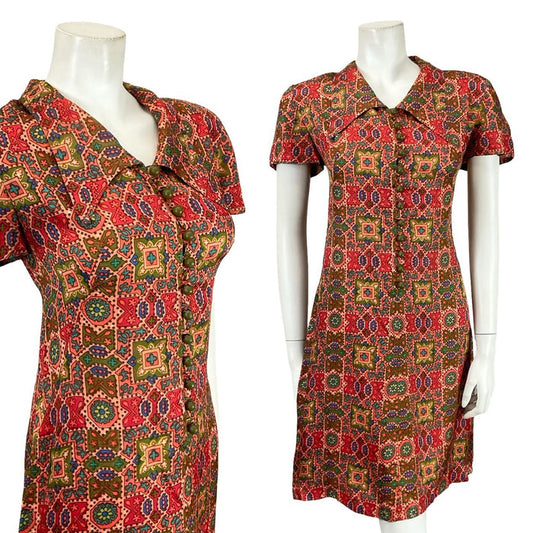 VTG 60S PINK GREEN BLUE GEOMETRIC TILE PRINT DAGGER COLLAR SHIFT DRESS 12