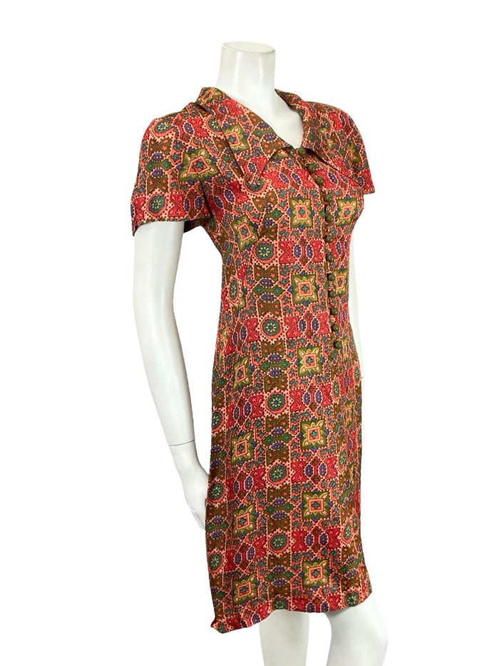 VTG 60S PINK GREEN BLUE GEOMETRIC TILE PRINT DAGGER COLLAR SHIFT DRESS 12